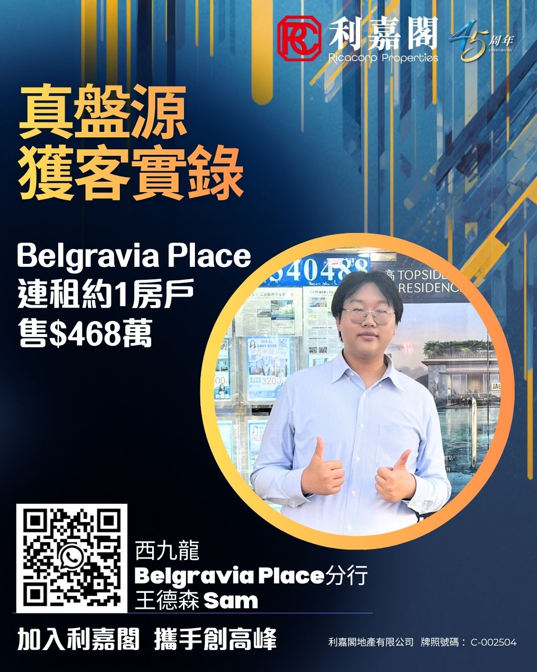 深水埗Belgravia Place一房戶售468萬元 單位連租約 投資客即享3.8厘租金回報 | 利嘉閣地產有限公司 利嘉閣地產西九龍Belgravia Place分行聯席董事張國峰(Sam)稱，該行客戶主任王德森(Sam)促成深水埗Belgravia Place I 1B座低層5室的二手成交，實用面積約264方呎，1房連開放式廚房，向東南望山景。長線投資客見以468萬連租約成交，呎價約17727元。現月租約1.5萬計，回報3.8厘。 undefined