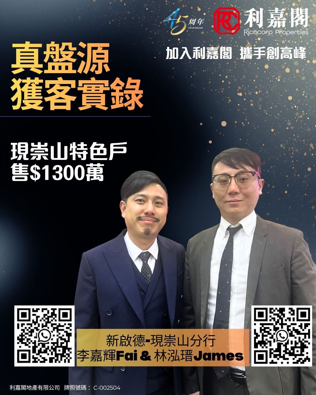 換樓客心儀單位罕有放盤 斥1300萬購黃大仙現崇山特色戶 | 利嘉閣地產有限公司 利嘉閣地產新啟德-現崇山分行高級聯席董事李嘉輝(Fai)稱，該行客戶主任林泓瑨(James)促成黃大仙現崇山3B座一個連平台的二手特色單位成交，實用面積約699方呎，另連291方呎平台，3房1套望內園。換樓客以1,300萬元成交，呎價約18,598元。據悉，業主2011年以約1,215.6萬一手購入，帳賺逾84萬元。 undefined