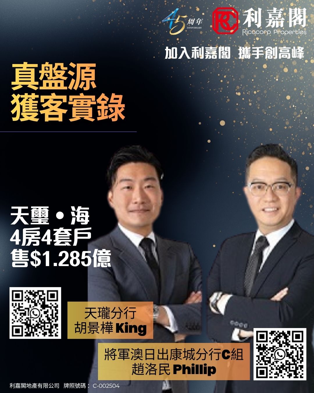 启德天玺‧海4房4套户1.285亿易手 属首宗二手新高成交 业主帐赚约1180万 | 利嘉阁地产有限公司 利嘉阁地产将军澳日出康城分行C组高级市务经理赵洛民(Phillip)称,与天珑分行高级经理胡景桦(King)促成启德天玺‧海1座高层A室的二手成交,实用面积约2194方尺,属4房4套间隔,望维港海景,买家以1.285亿承接,属屋苑首宗二手新高交易,尺价约58569元。据悉,业主2024年5月以约1.167亿一手购入。 undefined