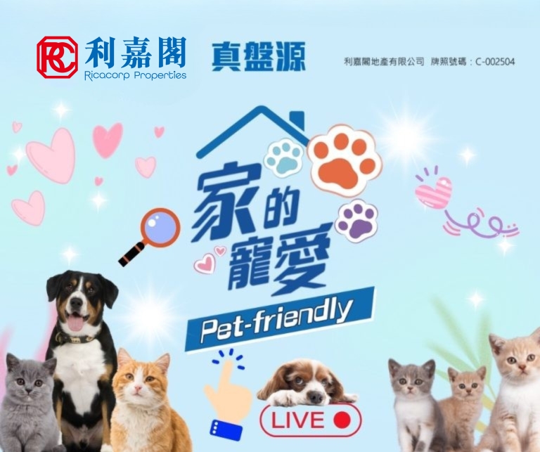 Pet-friendly promotional poster with dogs and cats, blue background, and Ricacorp logo in the top left.