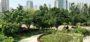 Urban park with a curved concrete path manicured greenery and tall city skyscrapers in the background
