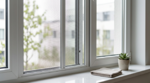 A white windowsill with a small potted succulent plant and folded beige towel neatly placed beside it outside view blurred through the window