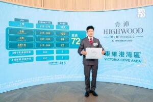 Man in a gray suit holding a certificate in front of a blue display wall for a real estate event HighwoodVictoria Cove Area