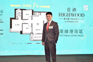 Man in a suit poses in front of a blue real estate backdrop with a floor plan diagram and HIGHWOOD branding