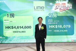 Man in a suit posing in front of a Lime Spark promotional backdrop with large property prices HK14600 and HK079