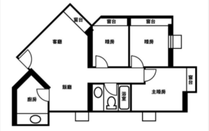 Black and white floor plan of a house showing living room dining area kitchen two bedrooms a master bedroom bathroom and windowsdoorways