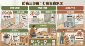 Chinese three part pest prevention infographic for a pest free home showing source elimination physical sealing and environment modification with kitchen cleanup sealing cracks window protection moisture control and cardboard box disposal