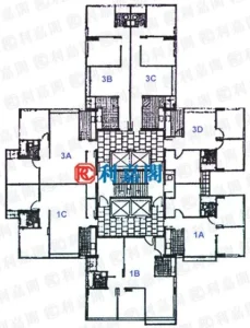 21rc00015341TEZLZTVS | 利嘉閣地產有限公司 Top down floor plan of a multi wing building with a central core elevatorsstairs and rooms labeled 1A3C around it