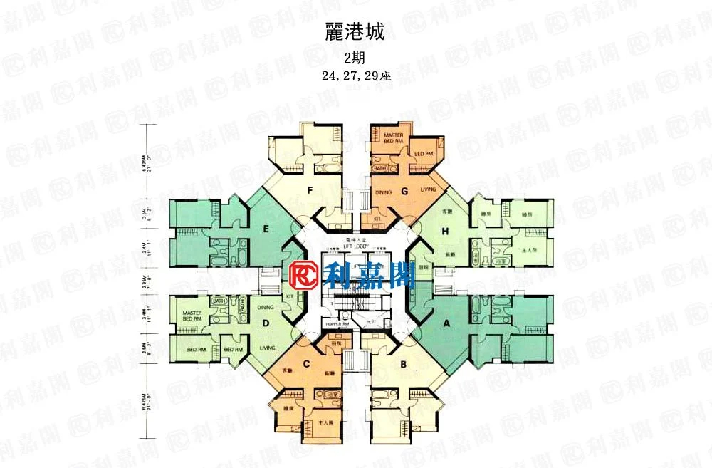 Floor plan of a circular multi wing apartment building with a central lift lobby wings labeled AH extend outward each containing living rooms and bedrooms