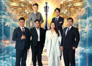 G01715 | 利嘉閣地產有限公司 Six professionals in business attire stand on a stairway with a glowing trophy and golden wings behind them conveying achievement and teamwork