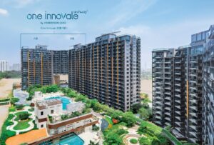 building | 利嘉閣地產有限公司 Promotional view of a modern residential complex with tall dark buildings a central landscaped garden and turquoise pools branding reads one innovate archway3 by Henderson Land in the sky