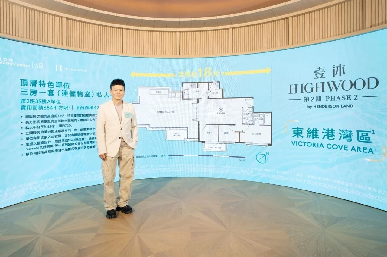 Man in light blazer standing in front of a blue curved real estate display with floor plan diagram and 'HIGHWOOD' signage