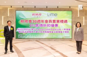 Two well dressed individuals stand on either side of a large colorful promotional banner for a 30th anniversary event by Lime set in a bright lobby