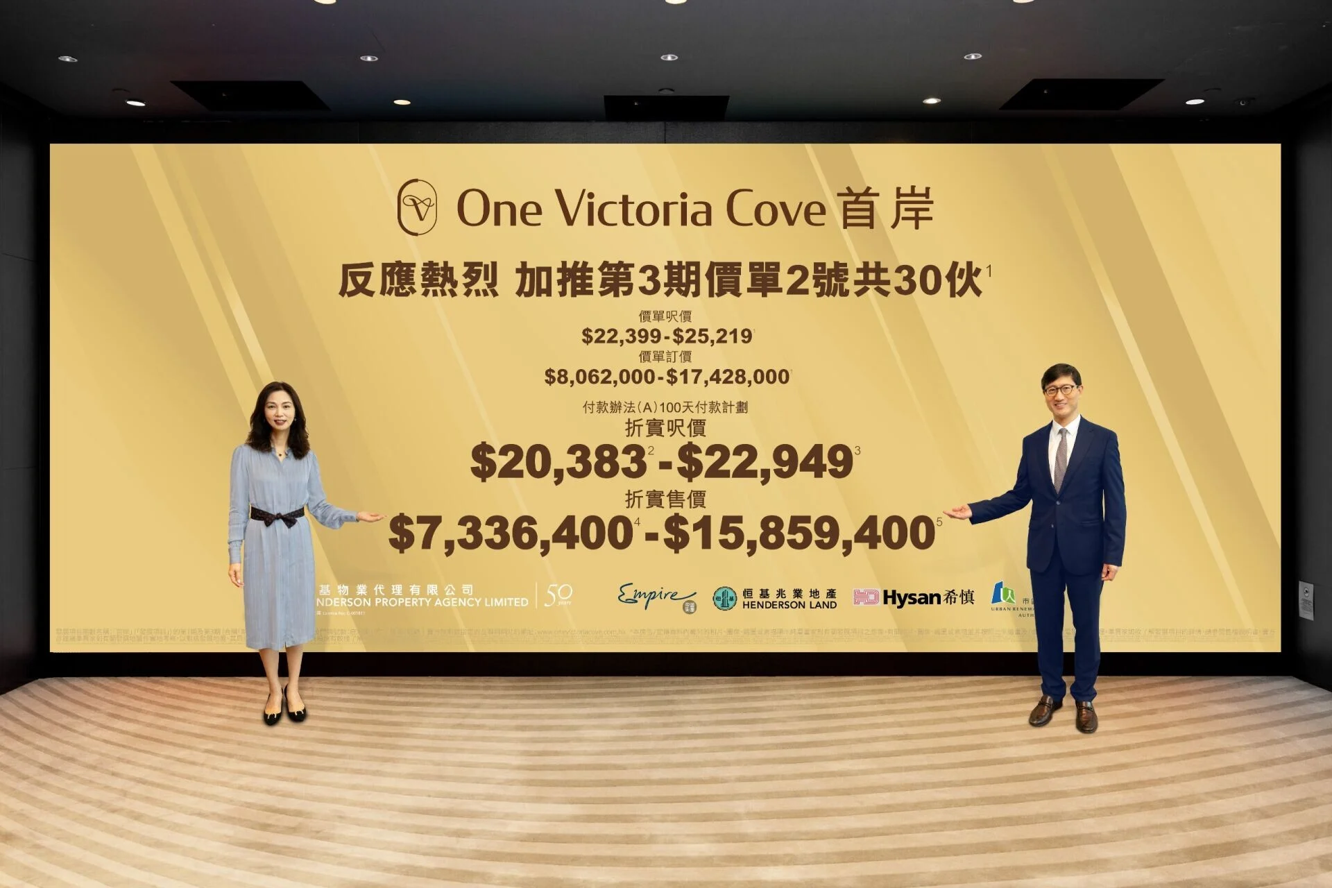 Promotional banner reading 'One Victoria Cove' in English with Chinese pricing details, flanked by a woman in blue on the left and a man in a suit on the right.