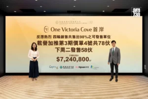 Two presenters stand in front of a large yellow promotional banner reading One Victoria Cove with Chinese text and logos above indoors on a stage
