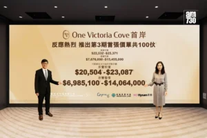 Two professionally dressed individuals stand at opposite ends of a large beige ad banner featuring Chinese text and English title One Victoria Cove